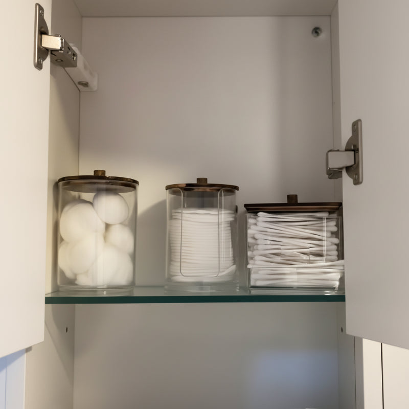 3 rangements pour coton dans une armoire de salle de bain