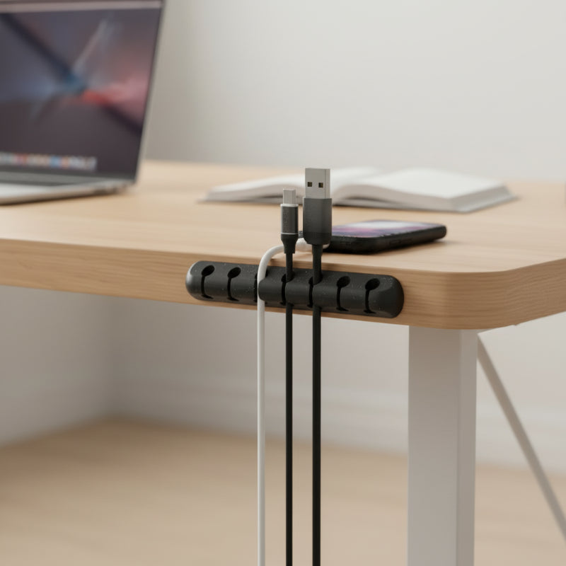 attache câble adhésif accroché sur une table