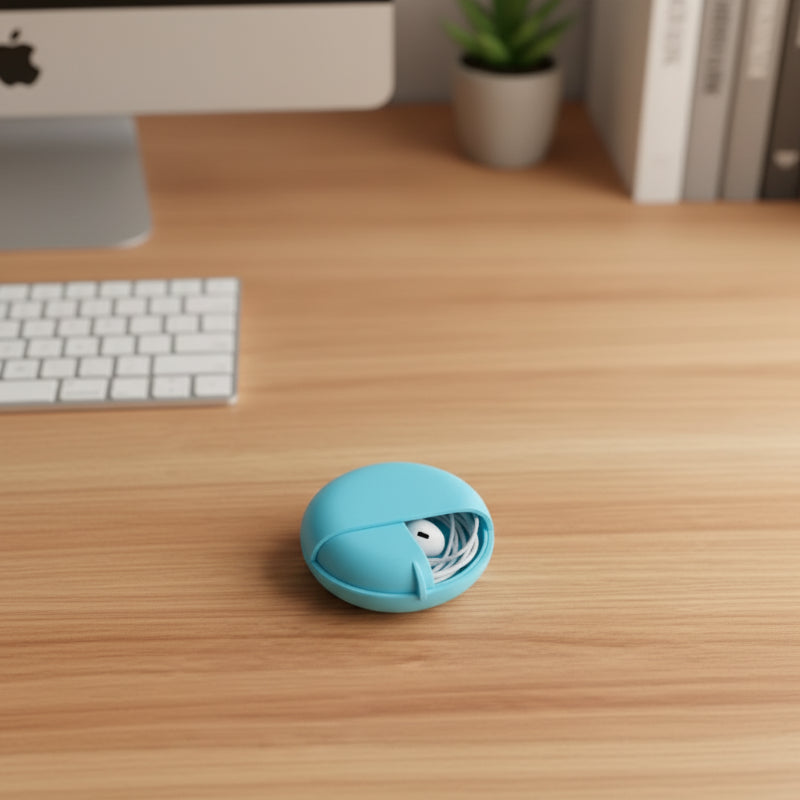 boîte de rangement pour écouteurs de couleur bleu posé sur un bureau
