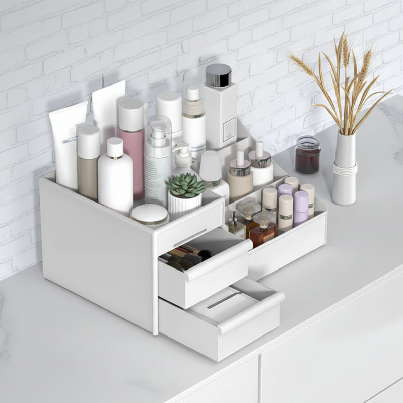 boîte de rangement pour maquillage de couleur blanc dans la salle de bain