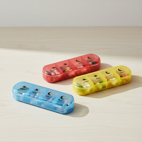 les petites boîtes de couleurs rouge jaune et bleu qui se trouvent dans la boîte de rangement pour médicament hebdomadaire