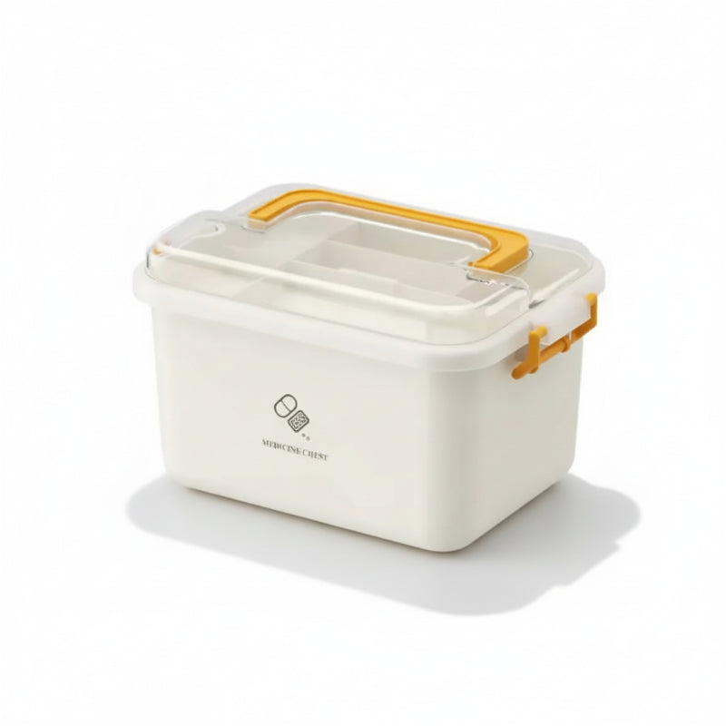 boîte de rangement médicaments de grande capacité vide sur fond blanc