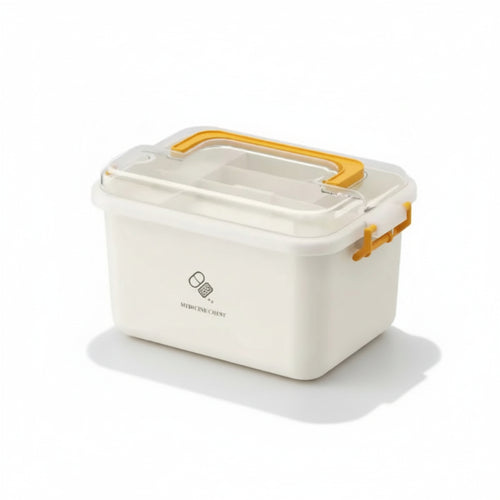 boîte de rangement médicaments de grande capacité vide sur fond blanc