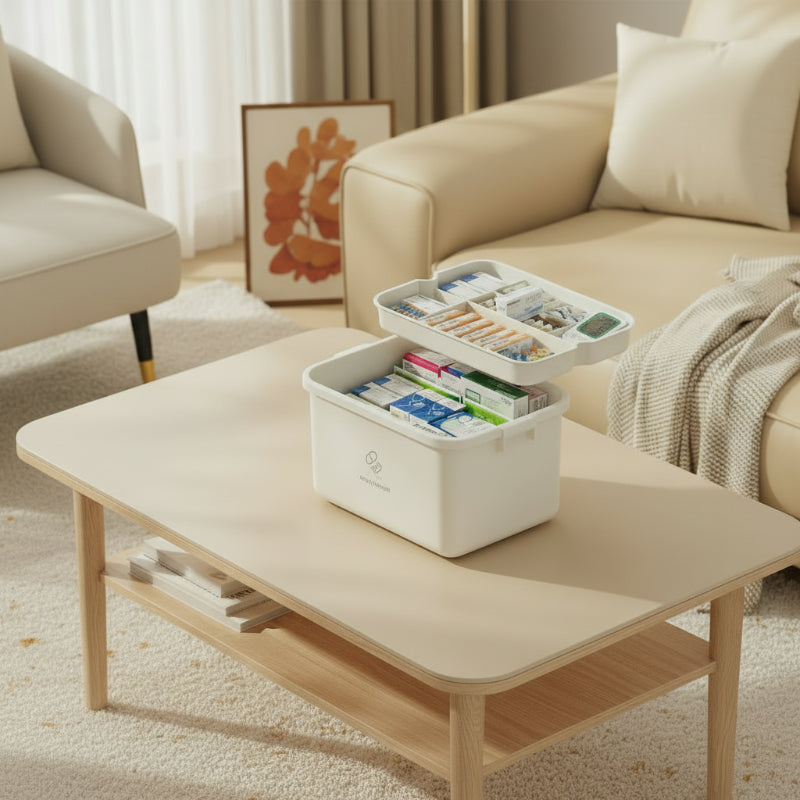 boîte de rangement médicaments de grande capacité vide sur une table basse dans un salon