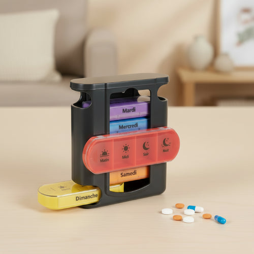 boîte de rangement pour médicaments hebdomadaire sur une table avec des pilules