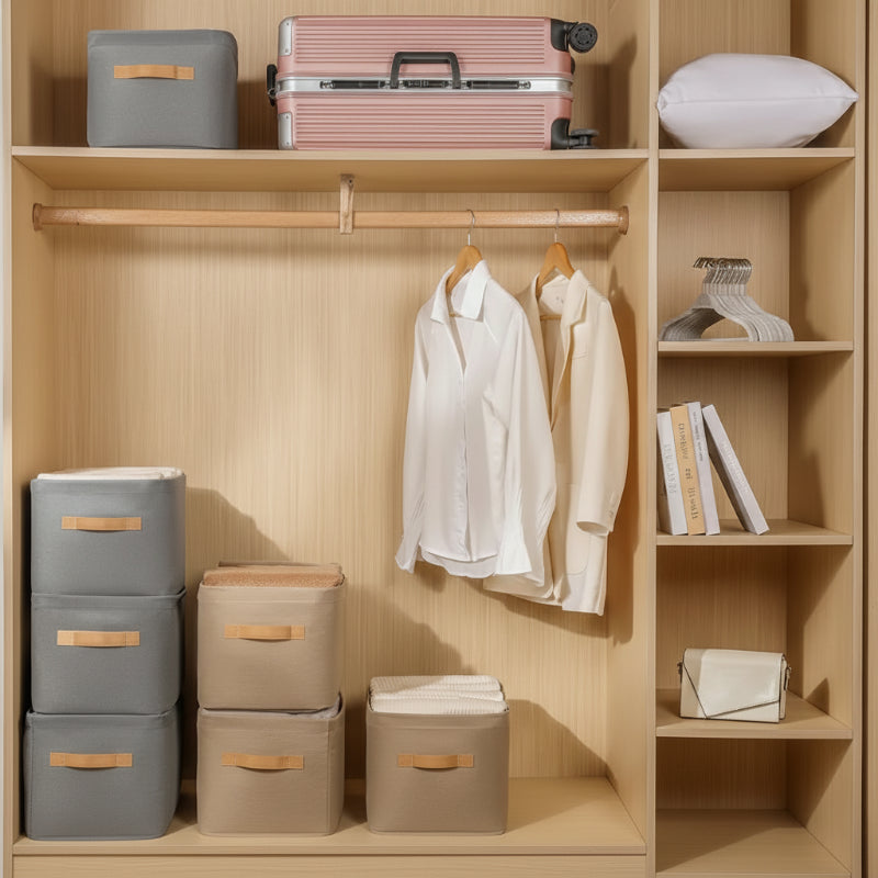 boîtes de rangement pour vêtements rangés dans un dressing