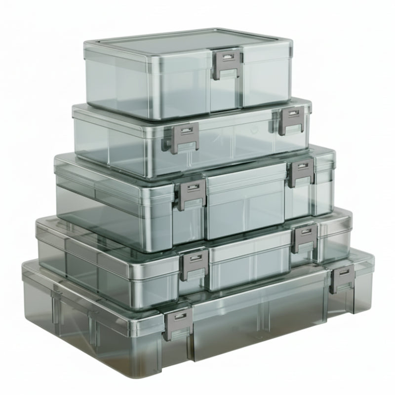 boites empilees plastique sur fond blanc