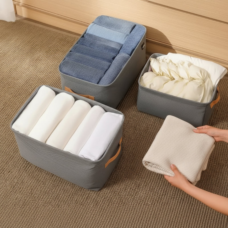 3 boîtes de rangement grises pour vêtements  