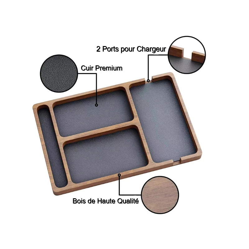 caractéristique du plateau organisateur multi-usages de bureau en bois sur fond blanc