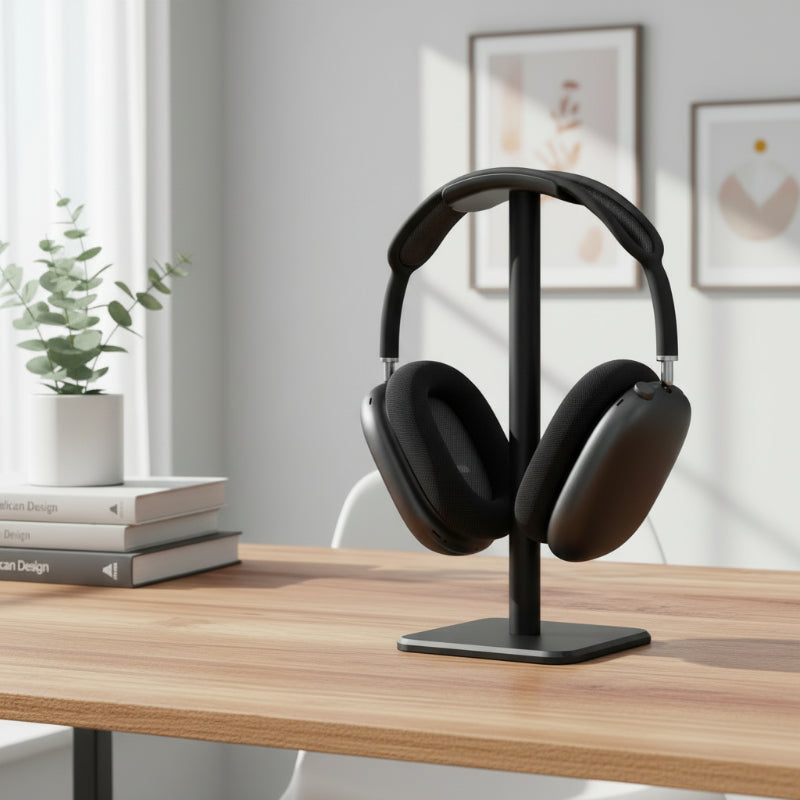 casque audio noir sur support casque audio noir