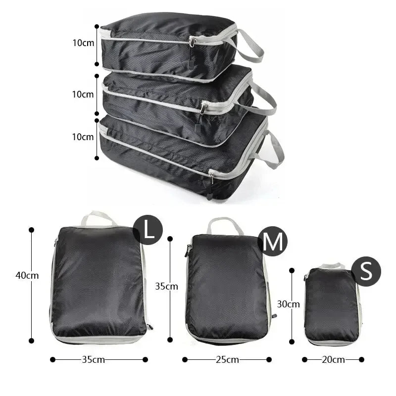 les dimensions des 3 tailles de sac de compression pour valise