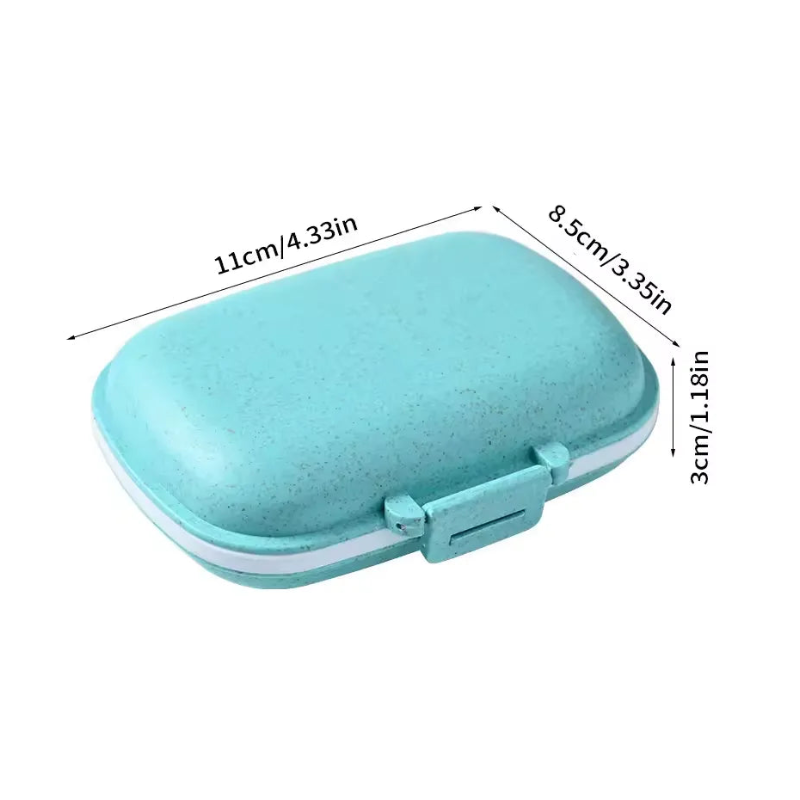 les dimensions de la boite à pilule de couleur turquoise sur fond blanc