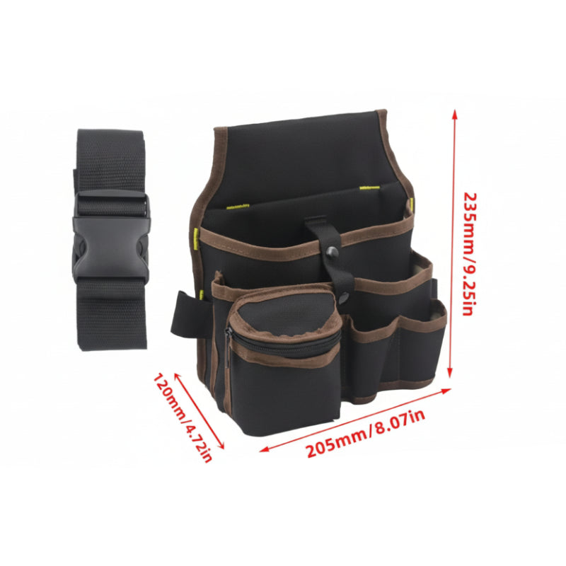 dimensions de la ceinture de rangement pour outils de couleur marron sur fond blanc