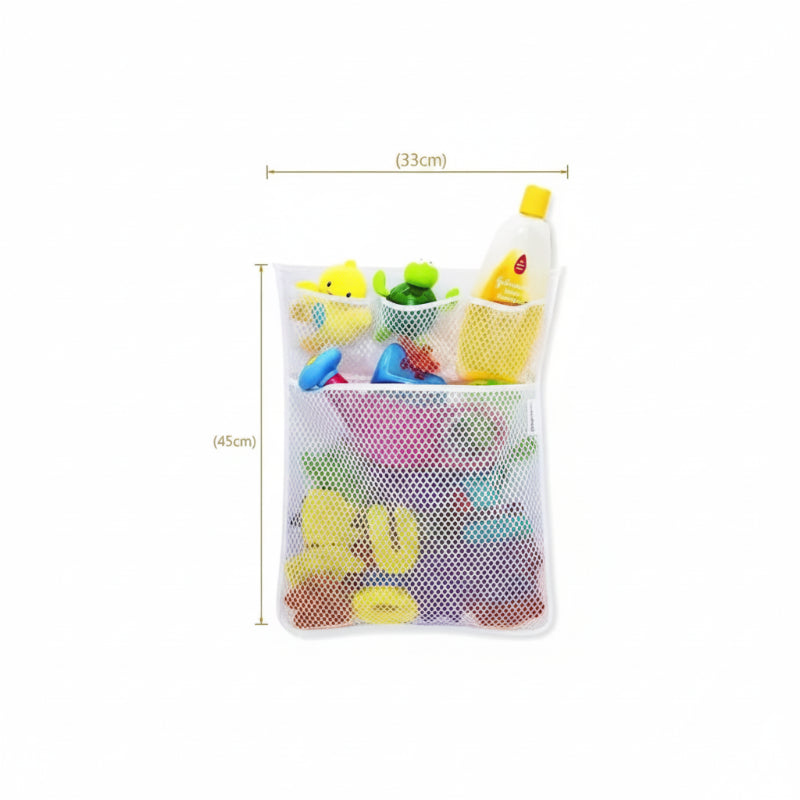 dimensions du filet de rangement pour jouets bébé sur fond blanc