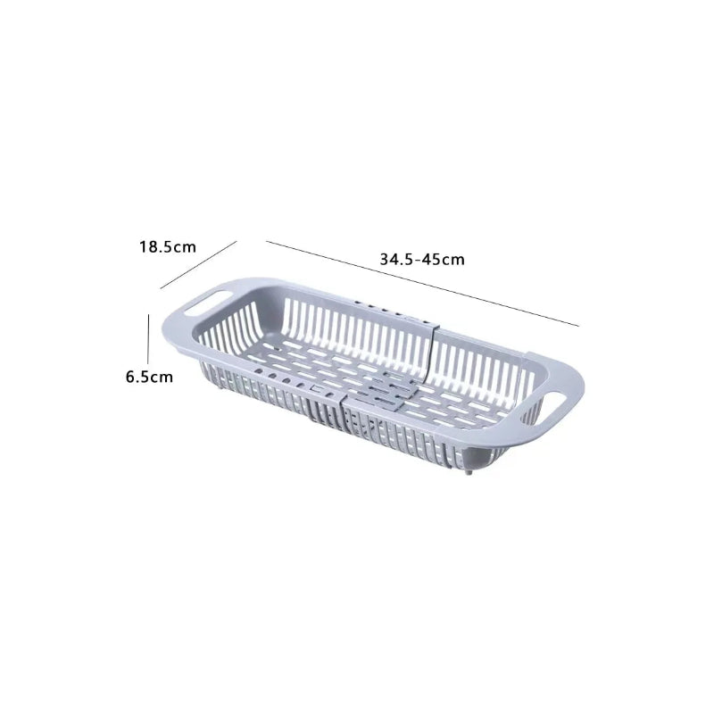 dimensions de l'organisateur d’évier rétractable vide sur fond blanc