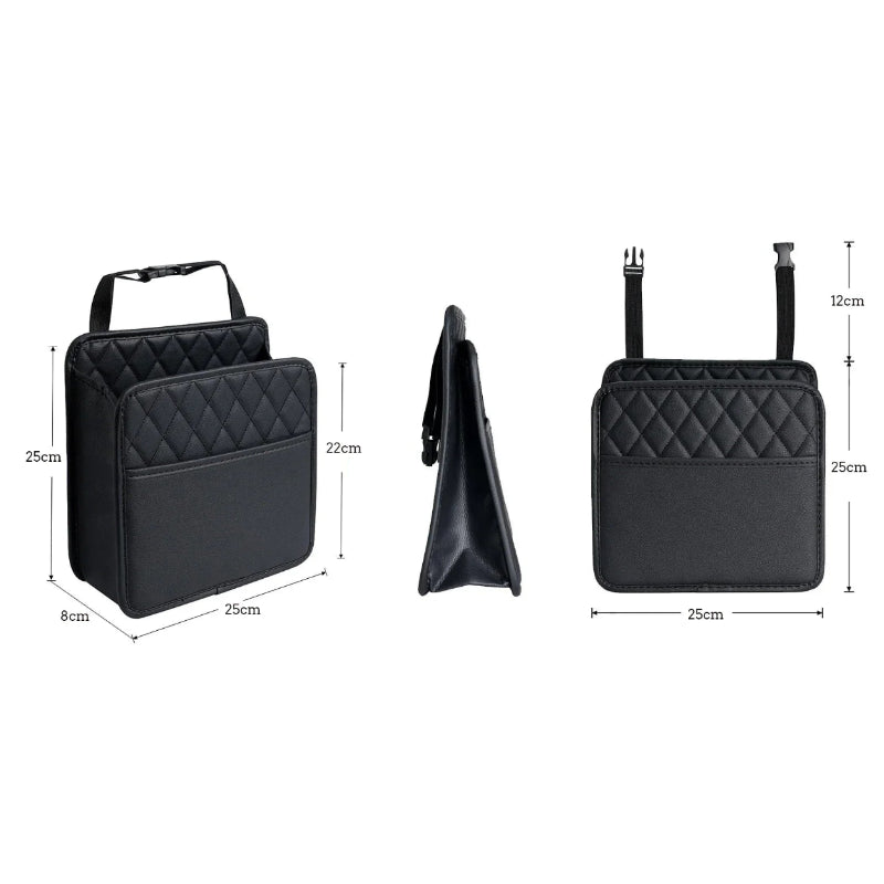 dimensions de la pochette organisateur de siège de voiture vide de couleur noir sur fond blanc