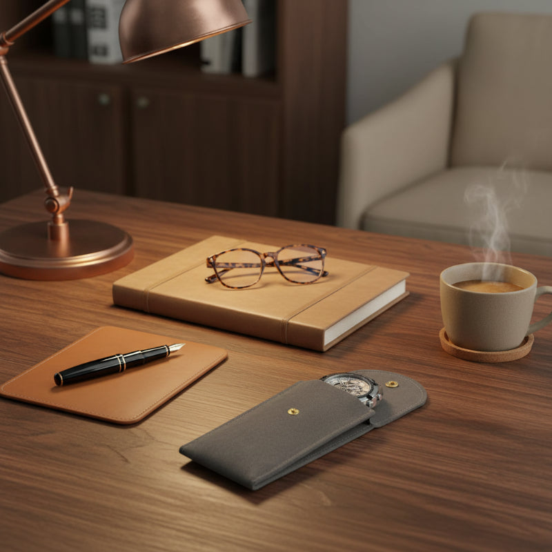 étui organisateur de montres en flanelle sur un bureau homme