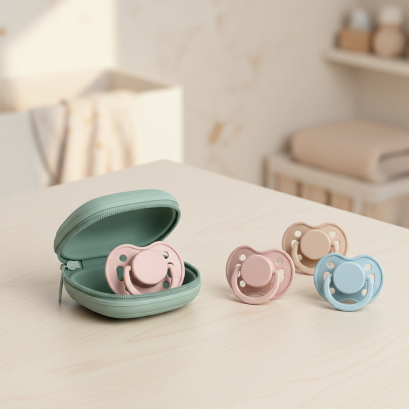 étui de rangement pour tétine bébé avec des tétines sur une table