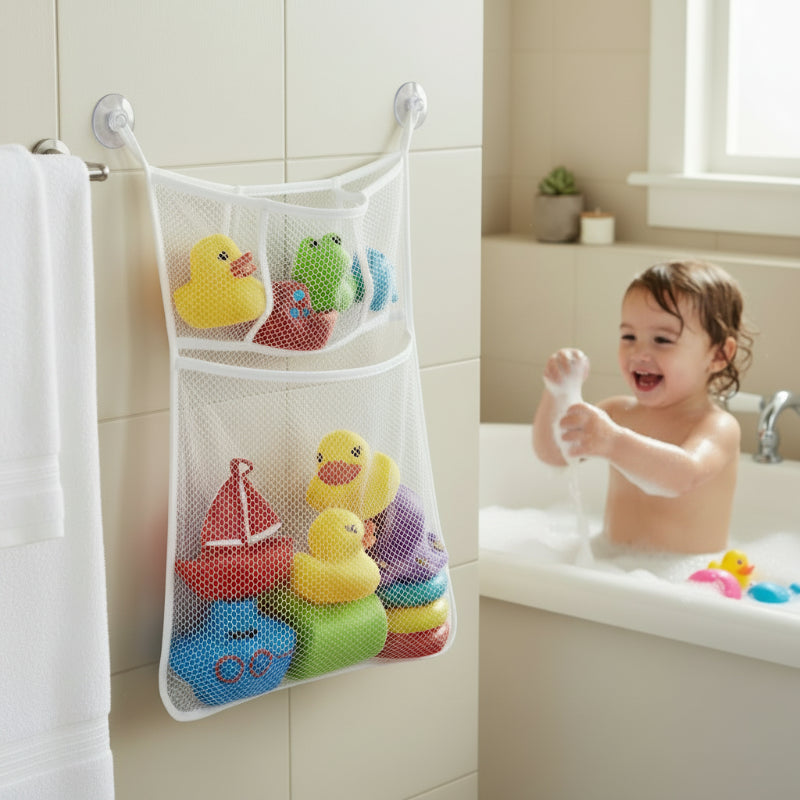 filet de rangement pour jouets bébé de couleur blanc dans une baignoire avec un enfant