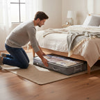 homme range l'organisateur sous lit dans une chambre