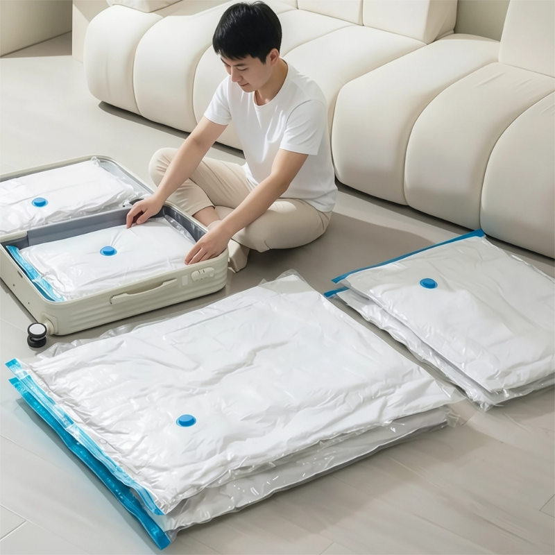 homme range avec des organisateur de valise sous vide manuelle