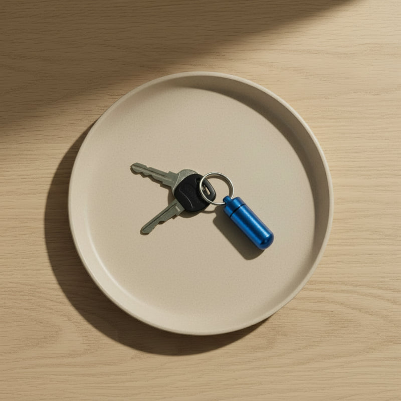 mini rangement de médicaments étanche dans un porte-clé sur une assiette posé sur une tble en bois