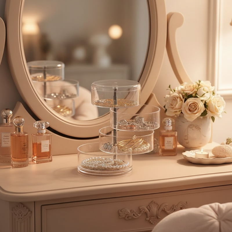 organisateur à bijoux multi-étages transparent sur une coiffeuse pour femme