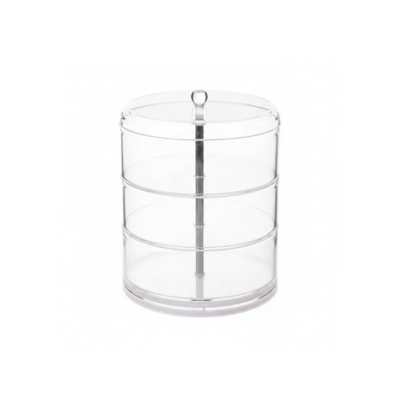 organisateur à bijoux multi-étages transparent vide avec 3 étages sur fond blanc