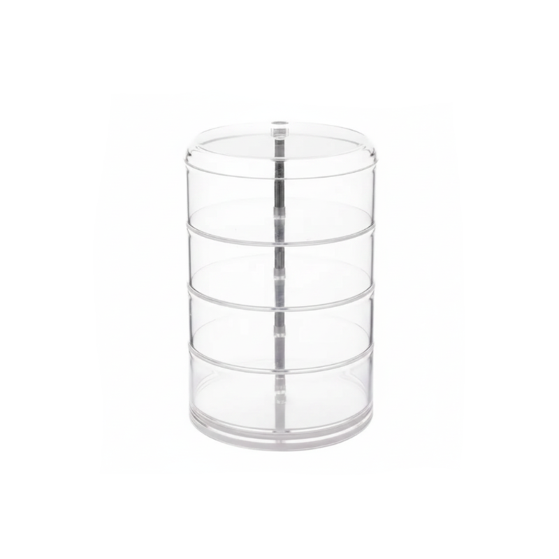 organisateur à bijoux multi-étages transparent vide avec 4 étages sur fond blanc