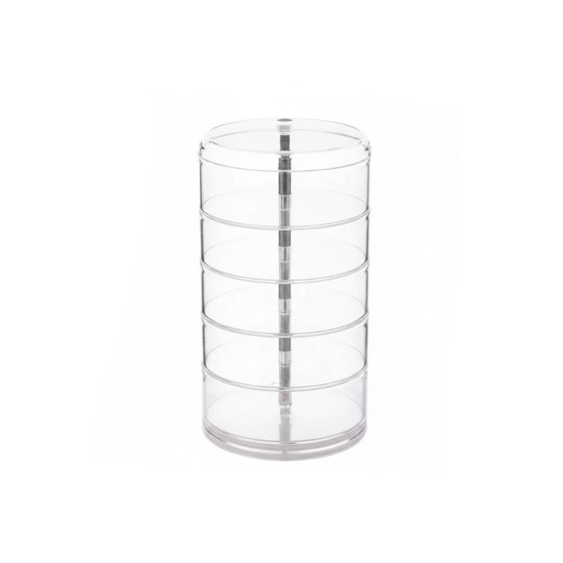 organisateur à bijoux multi-étages transparent vide avec 5 étages sur fond blanc