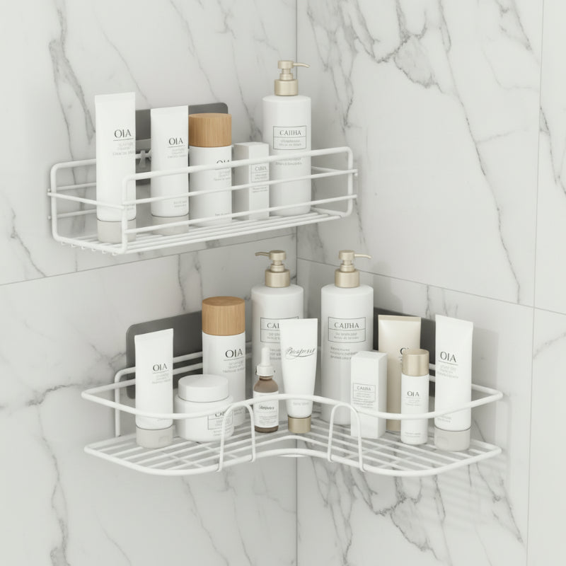 organisateur d'étagère douche rectangulaires et triangulaire dans une salle de bain