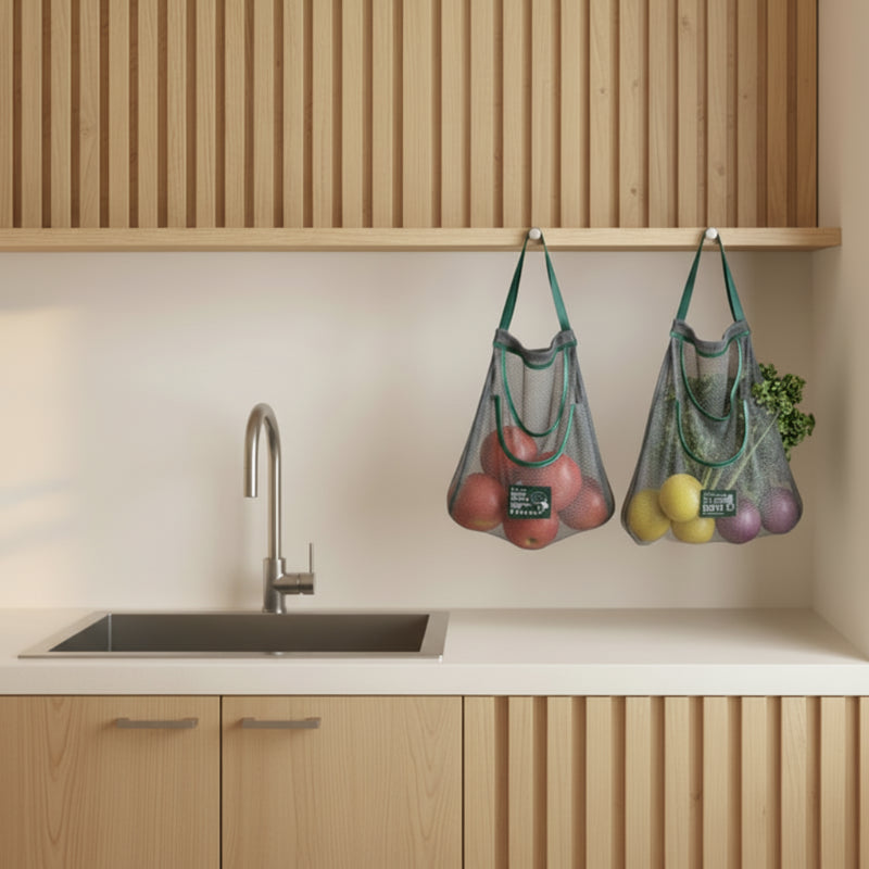 organisateur pour fruits et légumes en filet dans une cuisine