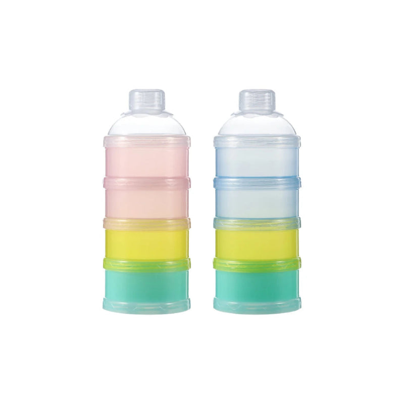 organisateur de lait en poudre pour bébé de couleur rose et bleu vide sur fond blanc