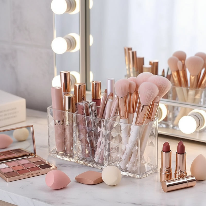 organisateur de maquillage à motif diamant sur une coiffeuse