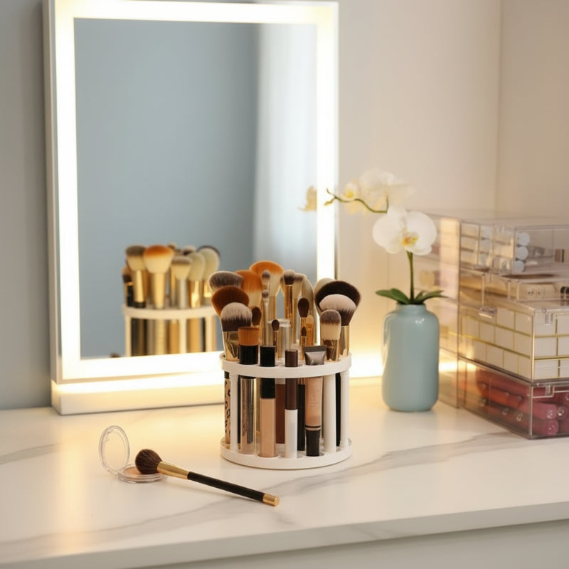 organisateur de maquillage pour pinceaux et lipstick de couleur blanc sur une coiffeuse