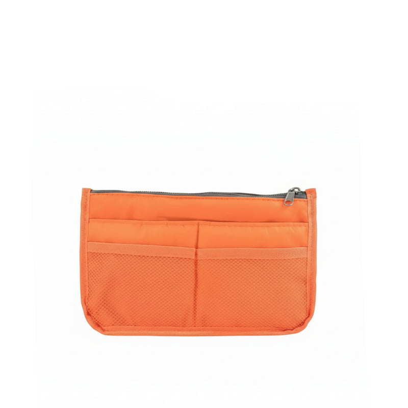 organisateur multi compartiments pour sac de couleur orange sur fond blanc