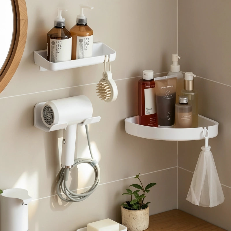 organisateur pour sèche-cheveux de couleur blanc dans une salle de bain