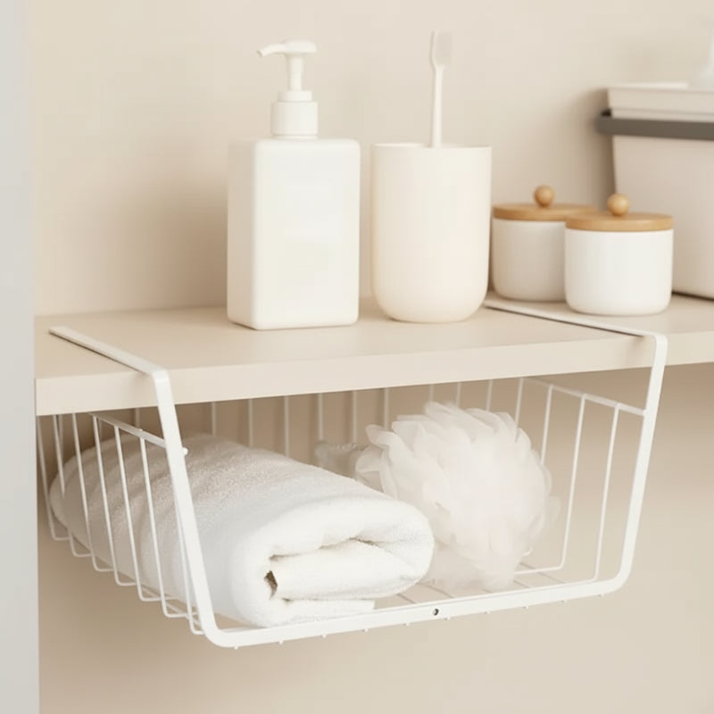 panier organisateur de placard dans une salle de bain