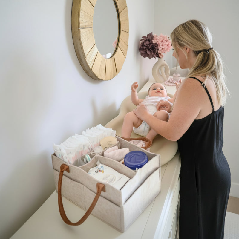 une femme utilise le panier de rangement pour bébé pour changer les couches de son bébé