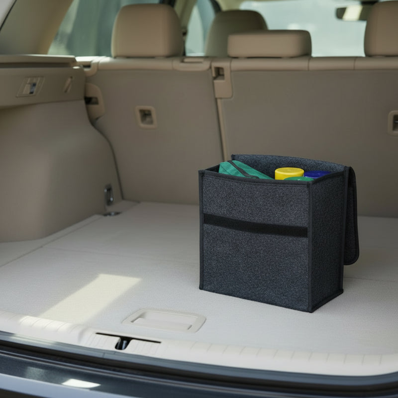 petit sac coffre dans un coffre de voiture beige