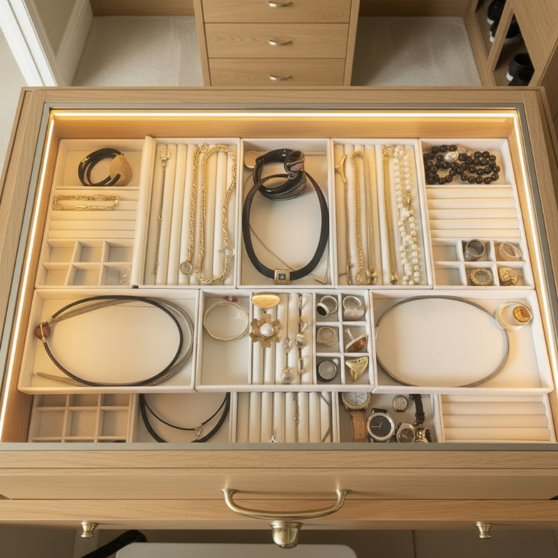 plateaux pour bijoux en velours installées dans un dressing sous un tiroir en verre avec des led