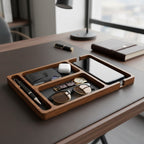 plateau organisateur multi-usages de bureau en bois sur un bureau boisé