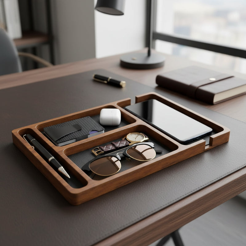 plateau organisateur multi-usages de bureau en bois sur un bureau boisé