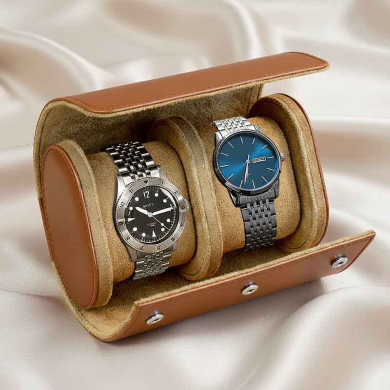 pochette marron pour montre en cuir x2