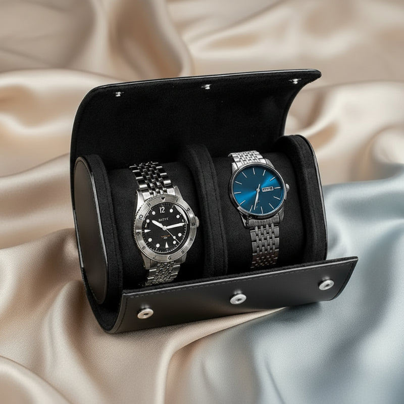 pochette noir pour montre en cuir x2