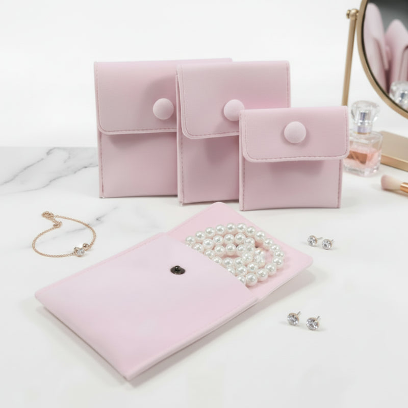 pochette organisateur de bijoux en velours de couleur rose sur une coiffeuse