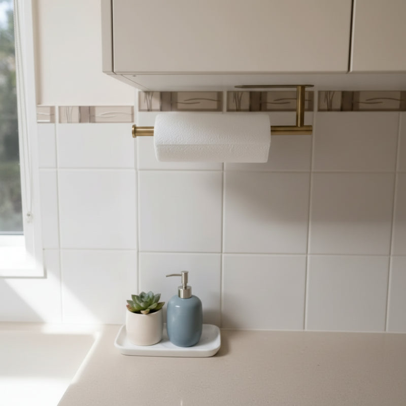 porte essuie-tout en or placé dans une cuisine