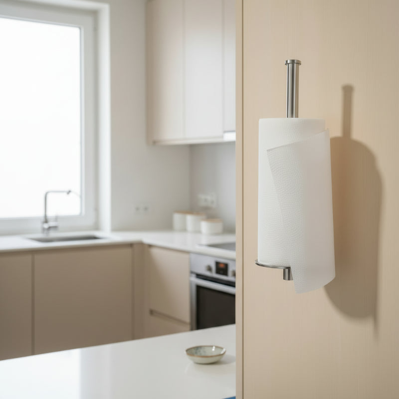 porte essuie-tout installé de manière verticale sur un placard de cuisine