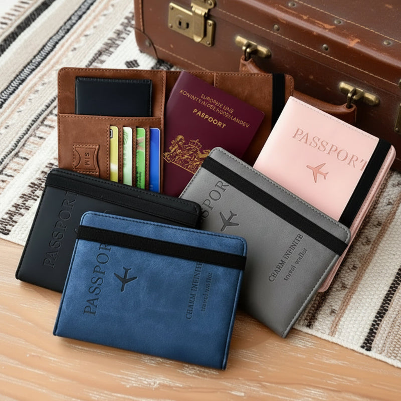 les différents coloris des porte-passeport et organisateur de cartes RFID sur un tapis avec une valise