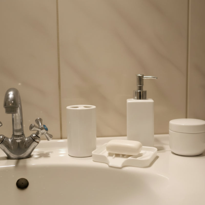 porte savon de couleur blanc dans le lavabo d'une douche